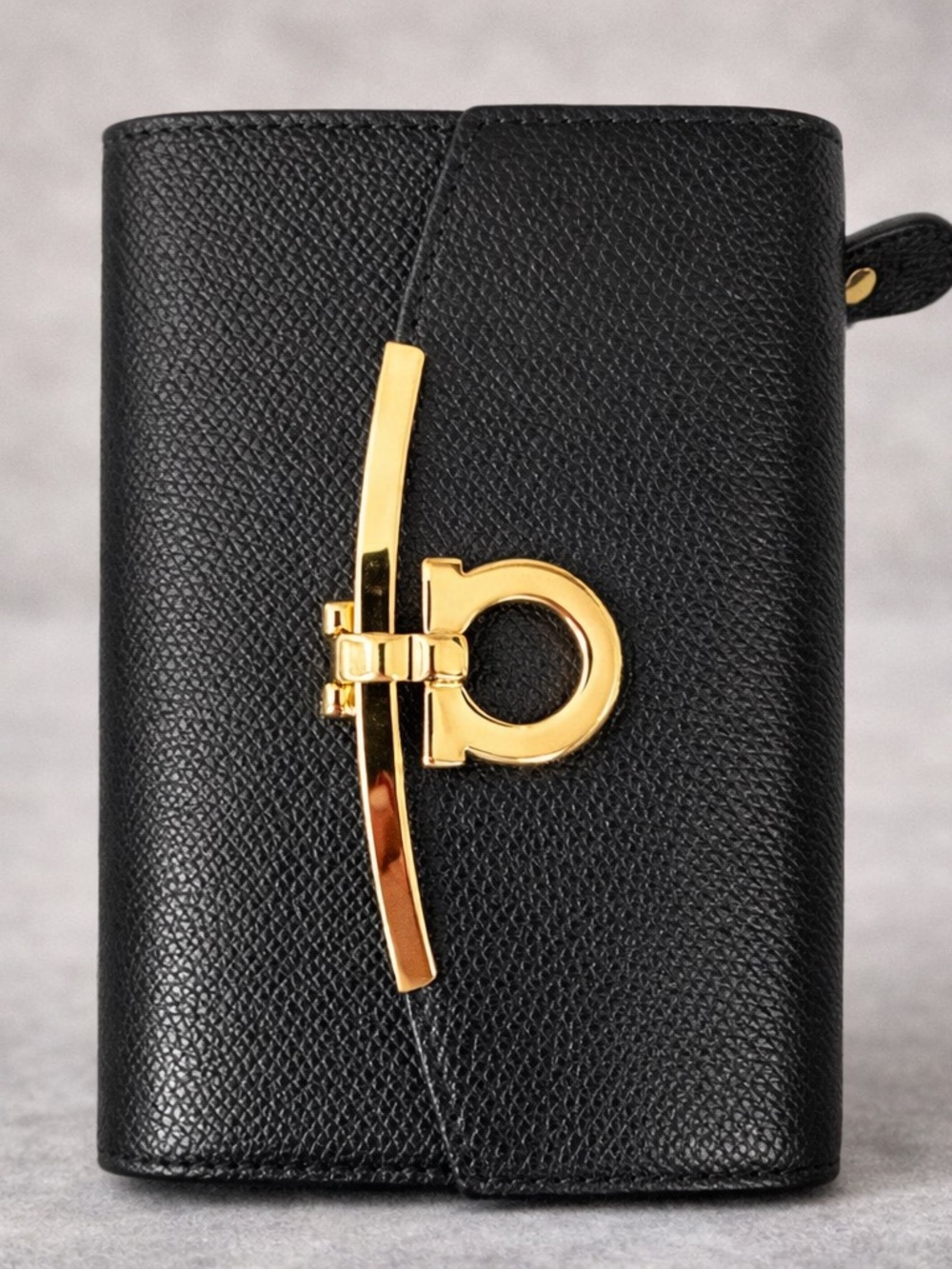 Salvatore Ferragamo Black Leather Wallet with Gold Gancini Hardware